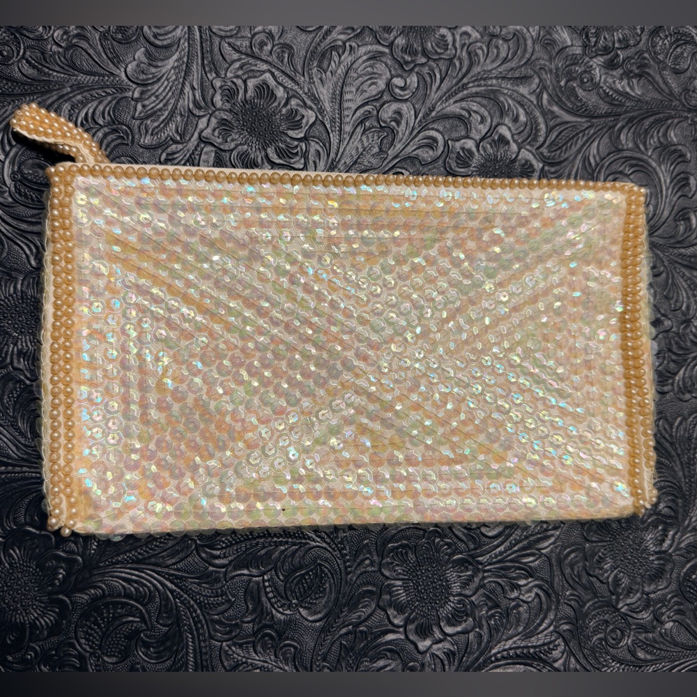 La Regale Iridescent Sequin and Gold Beaded Clutch